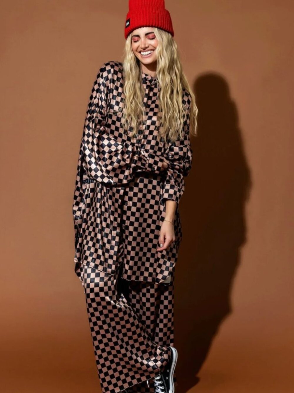 Dressed in LALA Satin Playsuit in Iced Coffee Checkerboard **HEMMED**